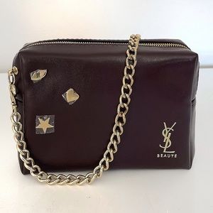 Yves Saint Laurent YSL Beaute Cosmetics Bag Purse Oxblood Gold Chain New 7x5